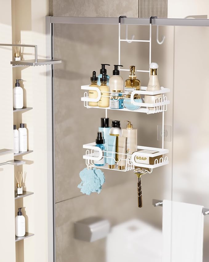 HapiRm Shower Caddy Over Door- Hanging Shower Organizer with 14 Hooks and Soap Holder, Rustproof & Waterproof Stainless Steel Bathroom Shelf - White