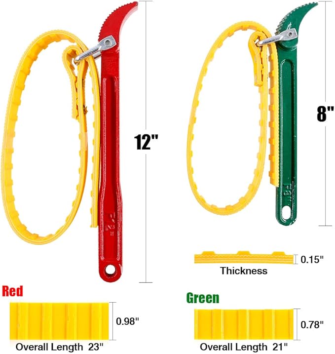 Swpeet 2 Pack Multi-Purpose Adjustable Belt Strap Wrench 12"(300mm) and 7.8"(200mm) Steel Handle Adjustable Strap Filter Opener Wrench for Opening Filter, Pipe and Tin - Red and Green