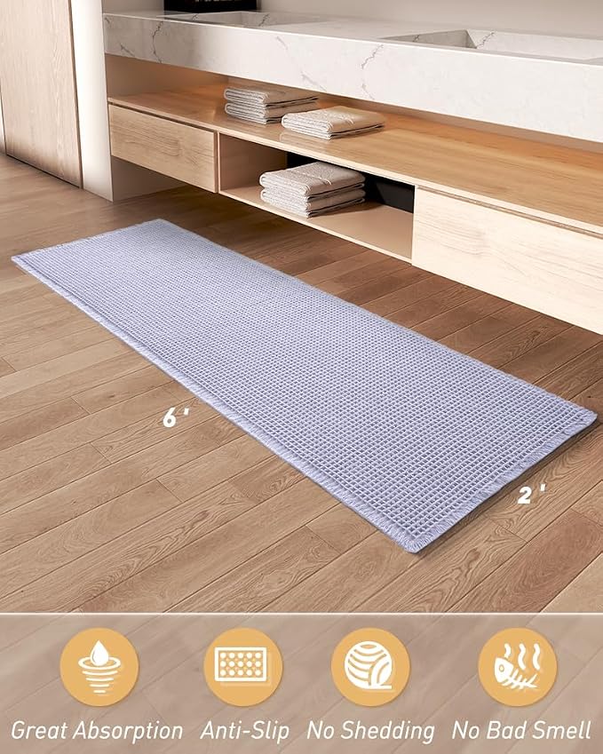 Upgraded Waffle Runner Rug Super Absorbent Non Slip Bath Mats for Bathroom Machine Washable Bathroom Runner Rug with Tassels, Ideal for Hallway Bedroom Laundry Room, 2' x 6' (24" x 72"), Purple