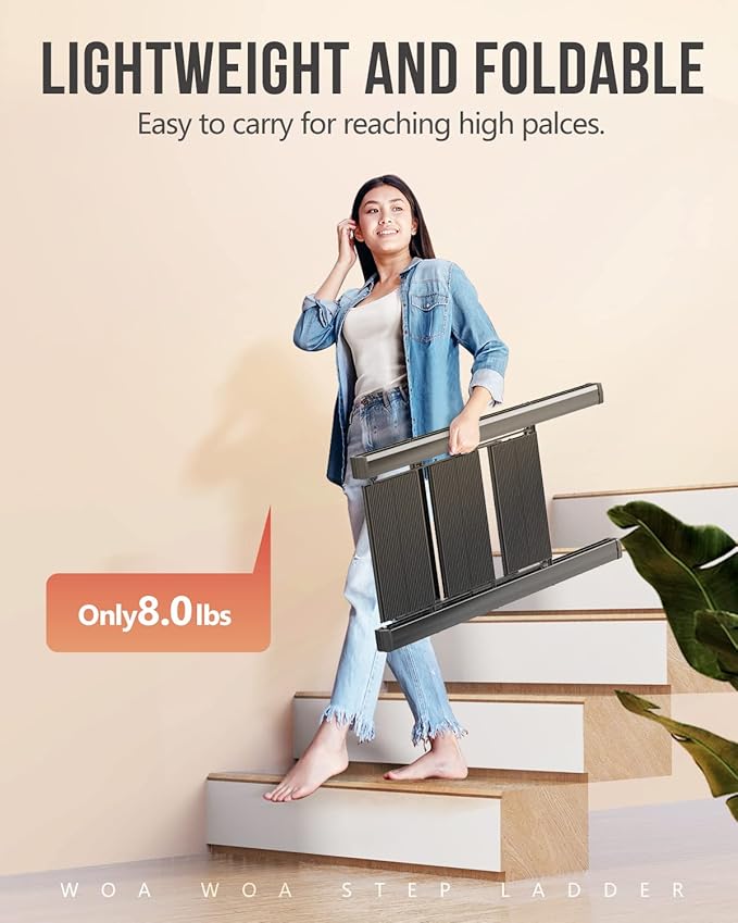 WOA WOA 3 Step Ladder, Foldable Step Stool, Lightweight Ladder for Home Kitchen Closet, Anti-Slip Aluminum Pedals, Ease of Folding, Portable, 300lbs Capacity - Black