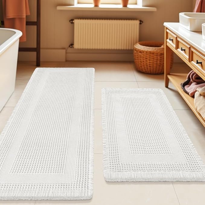 Upgrade Waffle Bath Mat Set 2 Piece, Boho Bathroom Rugs Absorbent Non Slip, Ultra Soft Bathroom Mat, Machine Washable Knit Bath Rugs with Tassels for Bathroom, Bedroom, Kitchen, Shower, Tub, White
