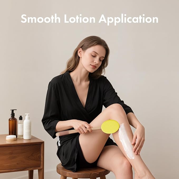 AmazerBath Lotion Applicator for Back, Feet, 4 Replacement Pads with 17" Curved Handle, Back Sunscreen Applicator for Kids, Elderly, Women, Apply Skin Cream Medicine Moisturizer Tanner, Lemon Yellow
