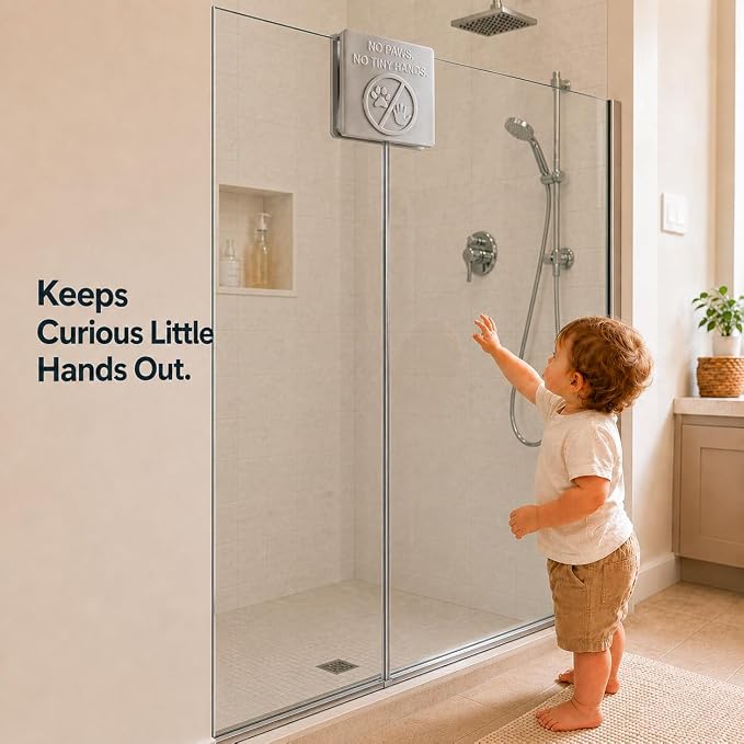Frameless Glass Shower Door Lock Sleeve - Baby Proofing & Pet Stopper for Bathroom Sliding Doors - No-Drill Security Bumper,Funny Sign – (Silver, 3/8 inch)