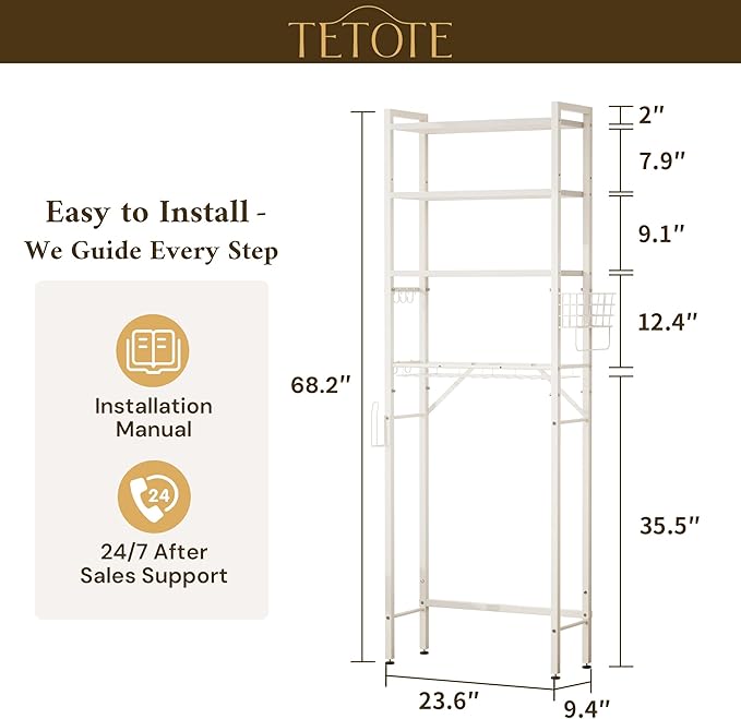 TETOTE Over-The-Toilet Storage Rack, 4-Tier Bathroom Organizer Shelf Over Toilet with Adjustable Shelf and Basket, Freestanding Space Saver Bathroom Shelves Above Toilet for Room(White)