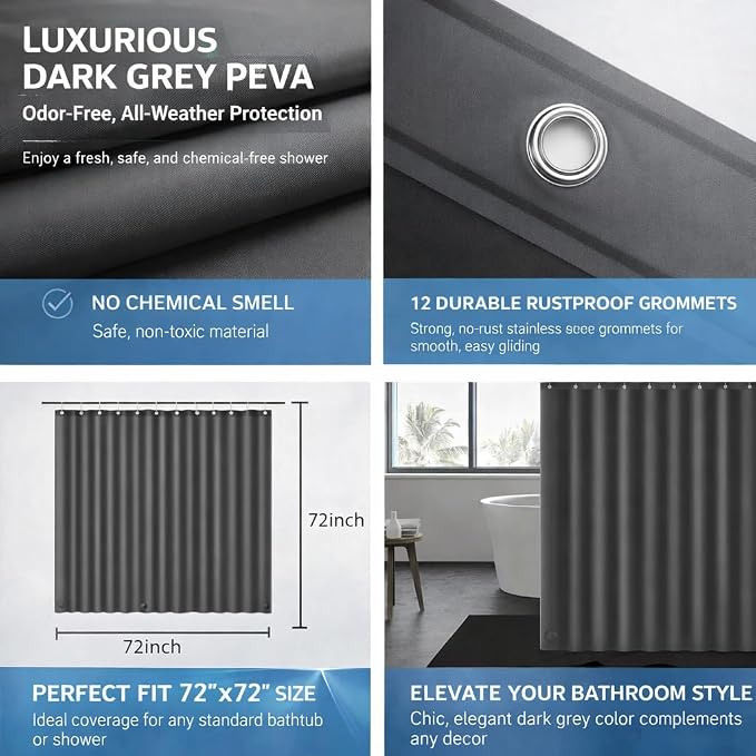 EHZNZIE Dark Grey Shower Curtain Liner 72x72, PEVA Waterproof Bath Curtain, No Chemical Smell, 3 Weighted Magnets, Durable with Rustproof Metal Grommets