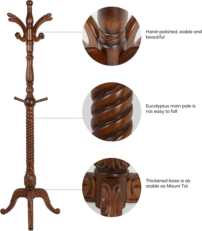 Bekrvio Coat Rack Freestanding Tree Stand with 8 Hooks, 79'' Heavy Duty Premium Ash Wood Hanger Stand, Floor Standing Clothes Hat for Entryway, Corner,Hallway,Bedroom, Office,Brown-Style 2