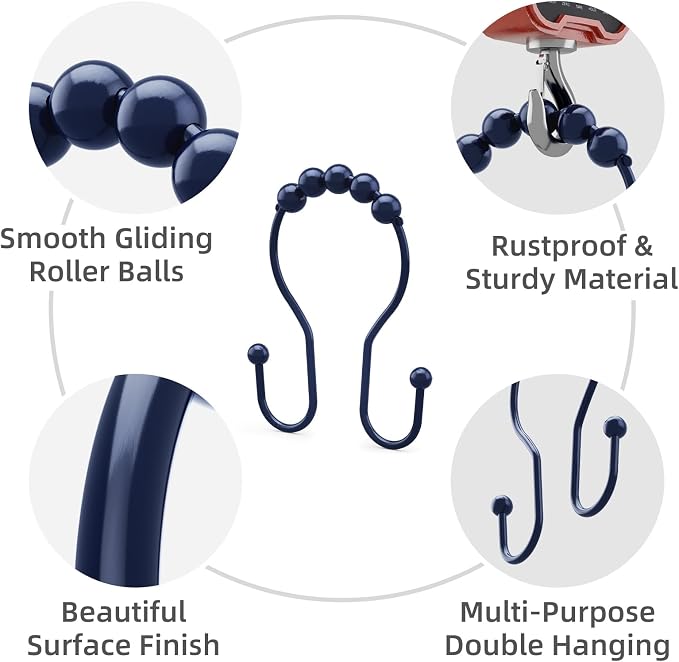 Bathway Shower Curtain Hooks, Shower Curtain Rings Rust Proof Navy Blue Double Hook Shower Curtain Hooks, 12 Pcs Shower Hooks for Shower Curtain, Shower Rings for Curtain, Metal Shower Rod Hooks