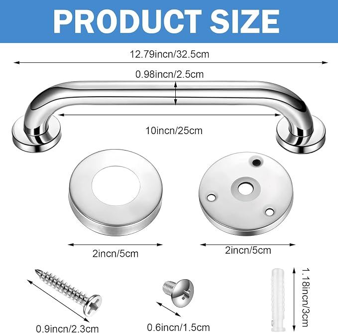 Therwen 12 Inch 6 Pack Shower Grab Bars Stainless Steel Bathroom Handicap Heavy Duty Handle Anti Slip Bathtub Handle Support Balance Hand Rail for Bathroom Wall Elderly Pregnant Seniors (Silver)