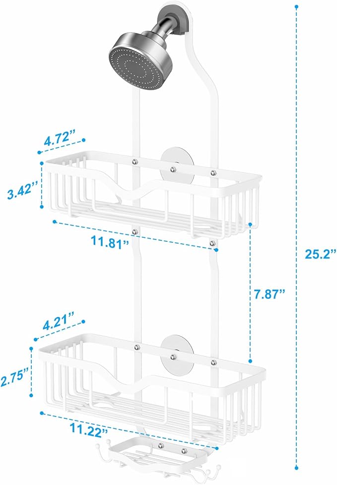 Shower Caddy Hanging, Bathroom Shower Rack, Bathroom Organizer with Soap Dish, Over The Showerhead Caddy with Hooks for Razor/Sponge, Soft White (Assembly Required)