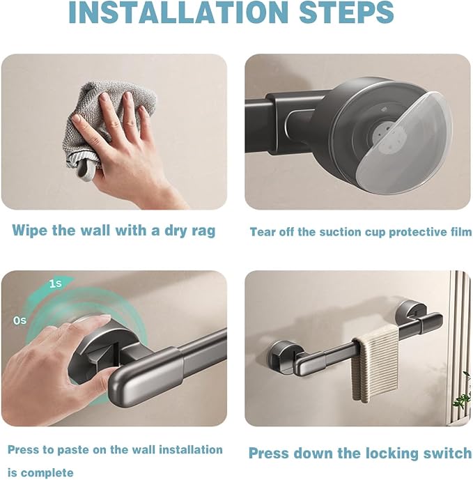 Suction Grab Bars for Showers，Bathroom Shower Grab Bar, Suction Cup Mount, Removable Shower Grab Bar, Suction Cup Grab Bar No Drilling Required, Gray