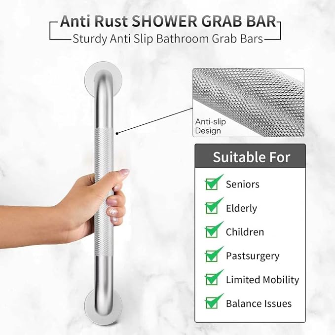 16" Brushed Nickel Bathroom Non-Slip Grab Bar, Stainless Steel Knurled Wall Hanging Safety Pole, Elderly Tub Shower Load-Bearing Balance Handle
