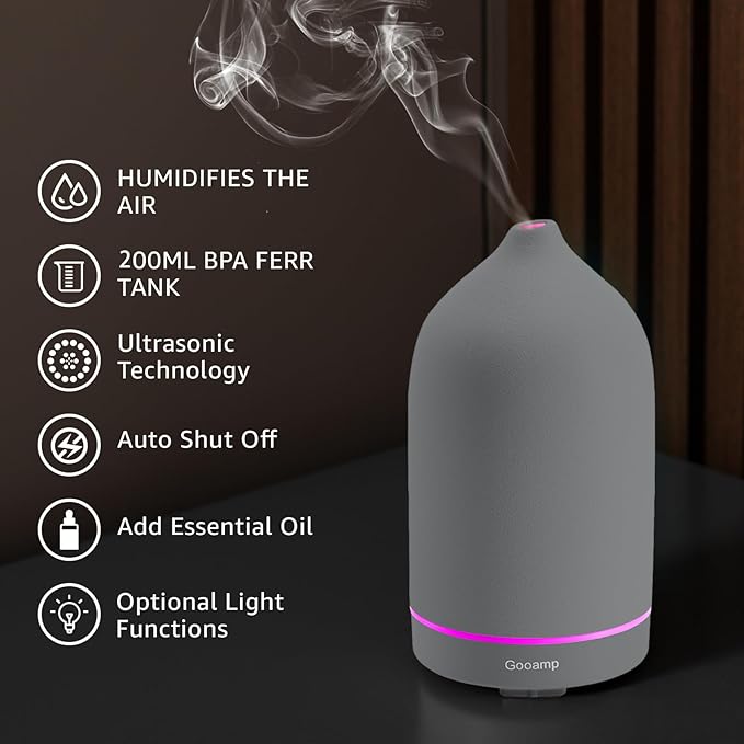 Gooamp 200ML Ceramic Essential Oil Diffuser - Ultrasonic Aromatherapy & Humidifier with 7-Color LED Lights, Auto Shut-Off, Grey, 1H/3H/6H Timer | Scent for Home,Office,Yoga