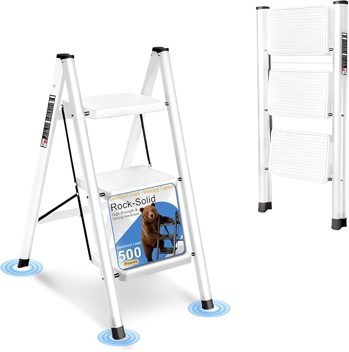 3 Step Ladder Folding Step Stool with 500LBS Capacity Sturdy Carbon Steel Frame Anti-Slip Thick Pedal & Feet Portable for Home Kitchen Garage (white-3step)