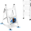 3 Step Ladder Folding Step Stool with 500LBS Capacity Sturdy Carbon Steel Frame Anti-Slip Thick Pedal & Feet Portable for Home Kitchen Garage (white-3step)