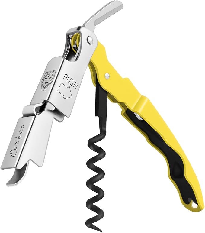 CORKAS Wine Key - Professional Handcrafted Heavy Duty Waiter Corkscrew, Compact Wine Opener with Double Hinged, Foil Cutter and Bottle Opener, Gifts for Servers, Sommelier, Bartenders - Yellow