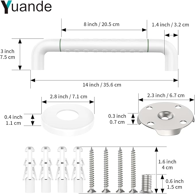 Grab Bars for Shower 14", YuanDe White Bath Grab Bar with Anti-Slip Grip and Safety Luminous Circles, Stainless Steel Bathroom Safety Handrail Support, Safety Bar Handle for Disabled Elderly Pregnant
