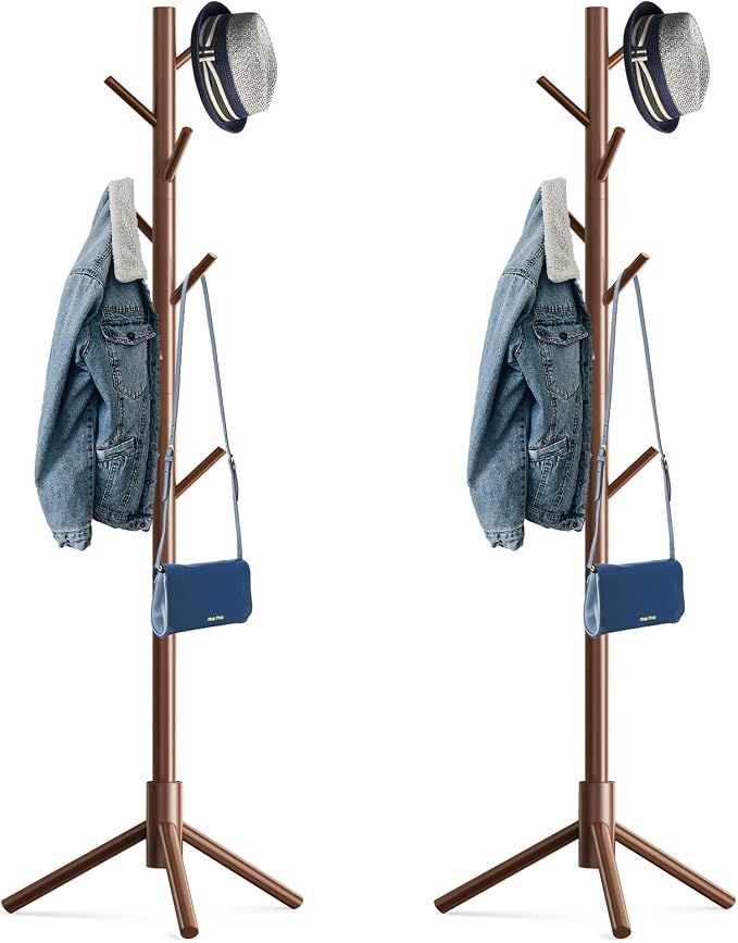 Hupmad Wooden Tree Coat Rack Stand,Sturdy Freestanding Coat Rack with 8 Hooks,3 Adjustable Height for Child Adult,Wood Coat Stand Tree Fits Entryway Bedroom Office for Bags,Hats, 2 Pack