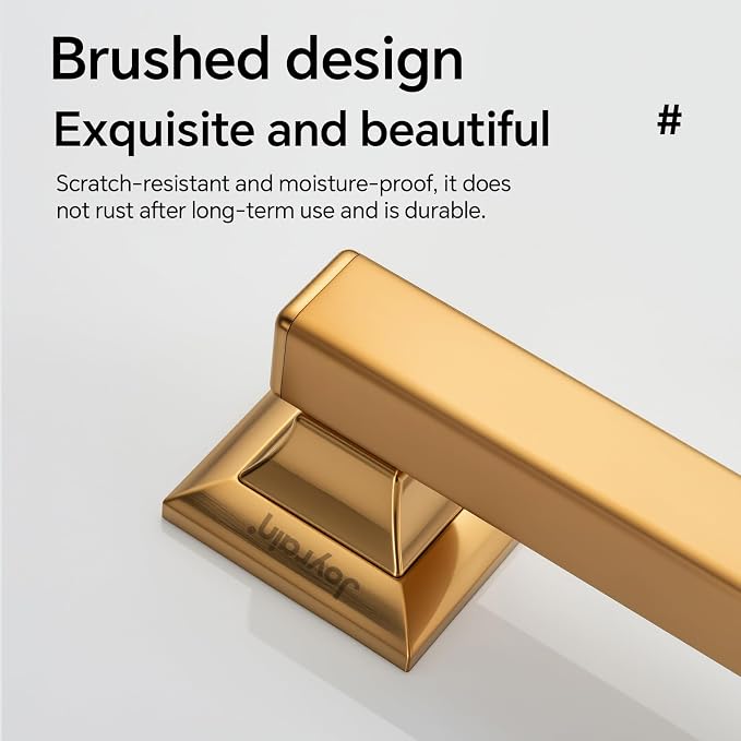 Joyrain Stainless Steel Square Grab Bar - ADA Compliant 500lb Weight Limit, 16/24/32 Inch Bathroom Safety Rail for Seniors & Disabled (Matte Gold, 16 inch)