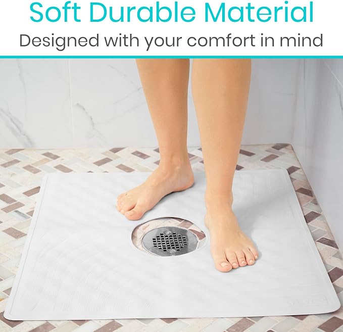 Vive Shower Mat - 22" by 22" Square Non Slip Large Bath Mat for Bathtub - Patented Design - Suction Cup Traction Skid Pad for Stalls Floors Tub - Textured Rubber with Drain Hole
