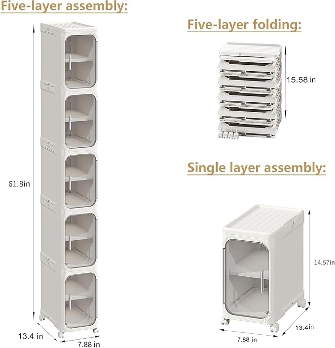 5-Tier Tall Narrow Storage Cabinet, Slim Bathroom Storage Cabinet with Adjustable Shelves and Wheels, Narrow Organizer for Small Space, Bathroom, Kitchen, Laundry, White