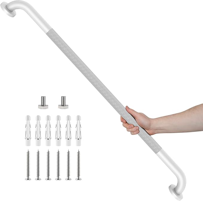 White Grab Bar 40 Inch, iHansee Anti-Slip Bathroom Grab Bar w/Knurled Grip, Stainless Steel Safety Handrail for Toilet Bathtub Shower, Wall Mounted Handicap Bars Handle for Senior Elderly