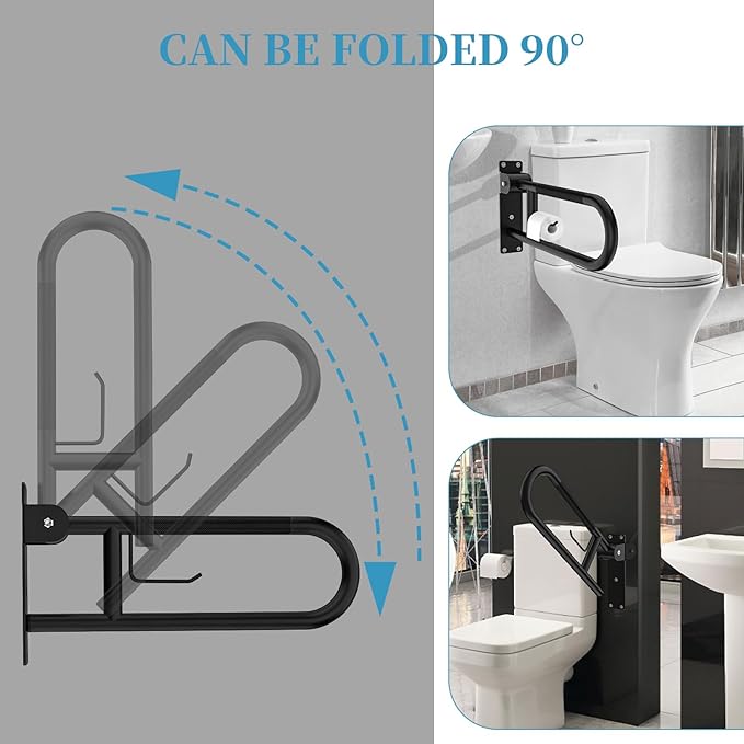Toilet Grab Bar 24 Inch Black, Munzong Anti-Slip Handicap Grab Bars with Paper Holder, Flip-Up Bathroom Safety Rails, Stainless Steel Knurled Support handrails for Seniors Elderly Disabled Pregnant