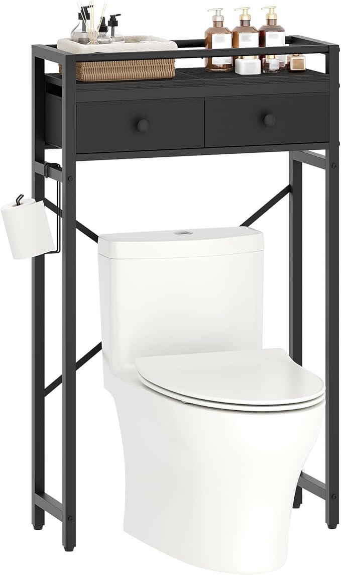 MAHANCRIS Over Toilet Storage, 2-Tier Bathroom Organizer Shelf with 2 Fabric Drawers and Toilet Paper Holder, Freestanding Above Toilet Rack for Small Spaces, Space-Saving, Black TSBK1101