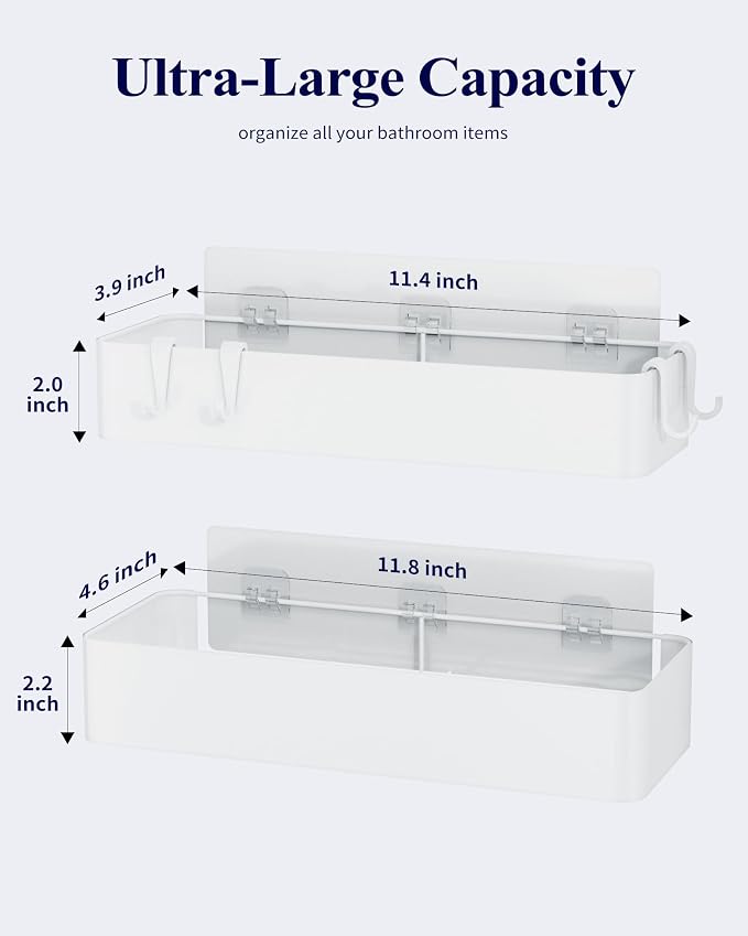 Kitsure Shower Caddy - 2 Pack Adhesive Shower Organizer, Rustproof Metal Shelves, No-Drill Bathroom Organizers and Storage, White, Large
