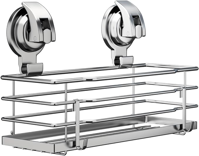 TESOT Suction Cup Shower Caddy, Shower Shelf Soap Dish with Hooks for Razor, Sponge, Rust Proof 304 Stainless Steel, Silver