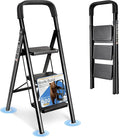 3 Step Ladder Folding Step Stool with Handrail 500LBS Capacity Sturdy Carbon Steel Frame Anti-Slip Pedal & Feet Portable for Home Kitchen Garage Bathroom (black-3step)