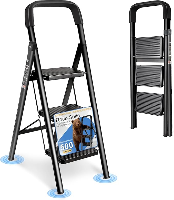 3 Step Ladder Folding Step Stool with Handrail 500LBS Capacity Sturdy Carbon Steel Frame Anti-Slip Pedal & Feet Portable for Home Kitchen Garage Bathroom (black-3step)
