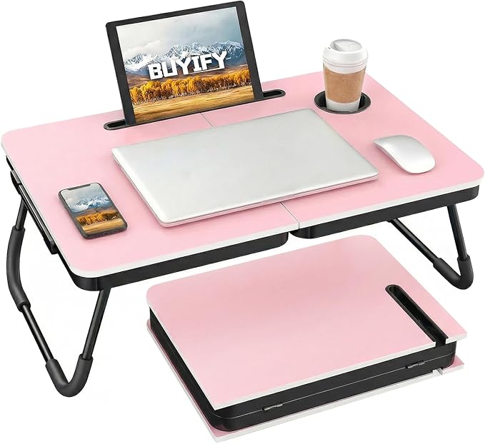 BUYIFY Foldable Laptop Bed Desk for Couch, Sofa - Large Lap Desk Tray Table with Cup Holder and Tablet Slot - Portable Notebook Stand for Eating, Writing, Studying and WFH (Pink)-USA Original Patent