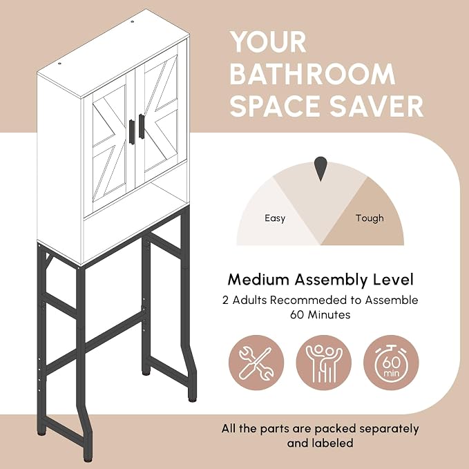 USHOWER Over The Toilet Storage Cabinet, Bathroom Organizers and Storage with Barn Doors, Thicken Metal Stand & MDF Wood Above Toilet Storage Cabinet, Freestanding Space Saver, White