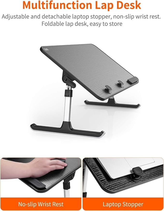 Desk, Table, SAIJI Adjustable Laptop Stand, Breakfast Tray, 5 Heights, 4 Angles, Stable Folding Table for Bed Sofa Desk, Suitable for Laptops up to 17 Inches (60 x 33 cm Black)