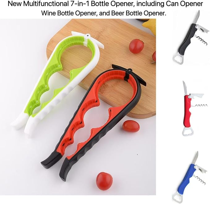 7-in-1 Multi-Function Bottle Opener, Kitchen Can Opener with Corkscrew, Jar Opener Bottle Opener and Can Opener for Weak hands, Seniors with Arthritis and Anyone with Low Strength