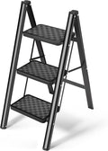 HBTower Step Ladder, Folding Step Stool, Portable Sturdy Steel Ladder Stool for Adults with Anti-Slip Wide Pedals Home Outdoor Kitchen, Black