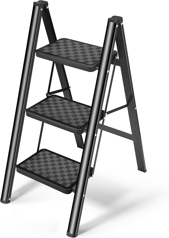 HBTower Step Ladder, Folding Step Stool, Portable Sturdy Steel Ladder Stool for Adults with Anti-Slip Wide Pedals Home Outdoor Kitchen, Black
