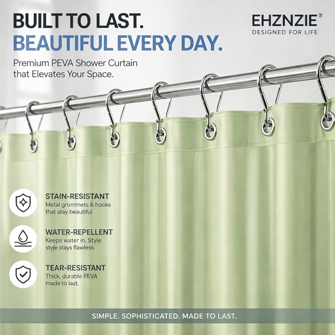 EHZNZIE Sage Shower Curtain Liner 72x72, PEVA Waterproof Bath Curtain, No Chemical Smell, 3 Weighted Magnets, Durable with Rustproof Metal Grommets