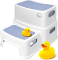 Forbena Kids Step Stool for Bathroom, Two Stepping Stool for Toddlers Toilet Potty Training, Sturdy Children Plastic Step Stool for Bed Bathroom Kitchen Counter Sink (White-Blue)