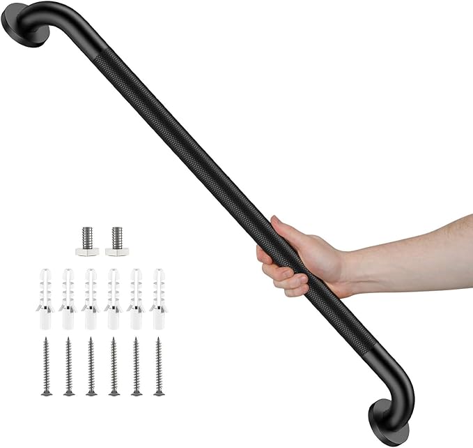 Black Grab Bar 32 Inch, iHansee Anti-Slip Bathroom Grab Bar w/Knurled Grip, Stainless Steel Safety Handrail for Toilet Bathtub Shower, Wall Mounted Matte Black Handicap Bars Handle for Senior Elderly