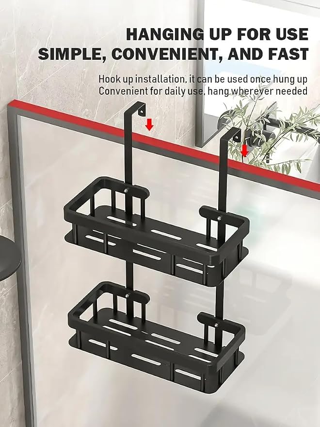 Over Door Shower Caddy, Black Rustproof Bathroom Organizer, 2-Tier Storage Rack, 11.81x5.31 Inch Shelves, No Drilling Required
