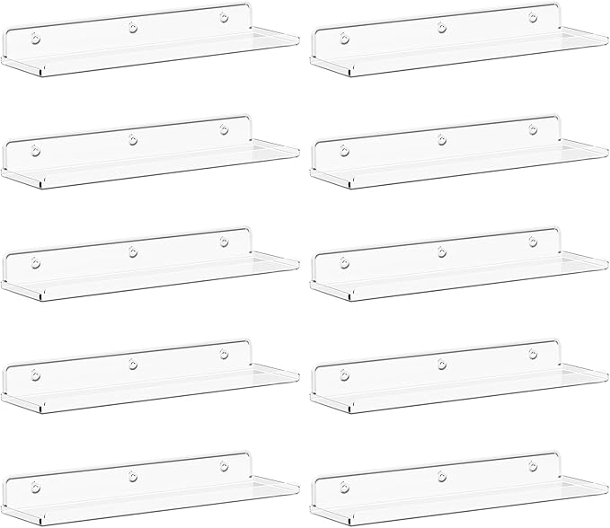 Lifewit Floating Shelves for Wall, Acrylic Display Shelf Wall Mounted for Figure, Car, Art, Book, 14" Perfume Organizer for Bathroom, Bedroom, Living Room, Nursery, Home Decor, Clear, 10 Pack