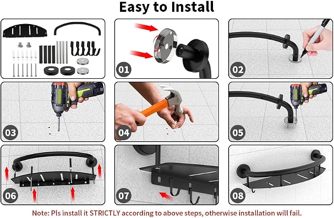 Munzong 18 Inch Shower Grab Bar w/Storage Shelf, Black Stainless Steel 2 in 1 Bathroom Balance Bar, Safety Hand Rail Support Senior Assist Bath Handle