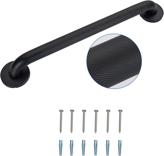 Anti-Slip Shower Grab Bar for Seniors Disabled,Bathroom Safety Bars for Wall Mount,High Load Capacity Toilet Grab Bars,Water-Resistant Shower Safety Bars for Elderly (Black Knurled, 12-inch Grab Bar)