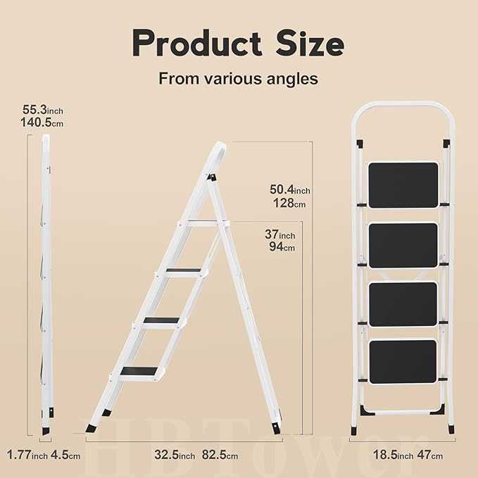 HBTower Step Ladder, 4 Step Ladder Folding Step Stool for Adults with Anti-Slip Pedal, 330 lbs Capacity for Home, White