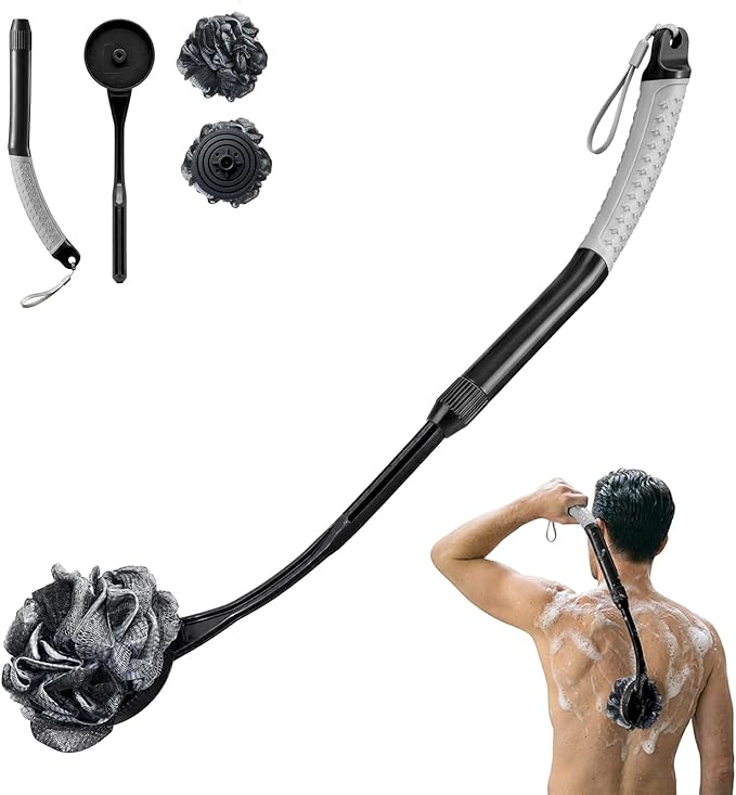 Loofah with Handle, Retractable Shower Loofah with Anti-Slip Grip, Exfoliation and Improved Skin Health, Back Loofah for Shower for Men Women