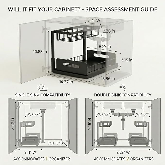 Under Sink Organizer 2 Tier, Pull Out Drawer Slides Under Sink Storage for Bathroom Kitchen,Multi-Purpose Drawer Under Cabinet Organizer for Cleaning Supplies (Black, 1 Pack)