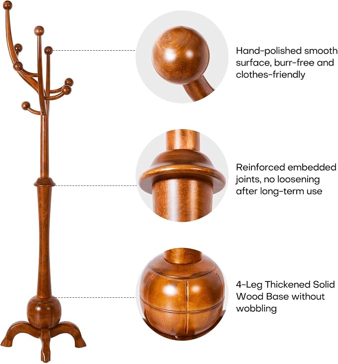 Coat Rack Freestanding Wood Tree Rack with 8 Hooks, Creative Design Tree Branch-look, Coat Tree Clothes Hanger Stand with Stable Sphere Base for Entryway, Hallway, Bedroom - Load 160lbs (Light Brown)