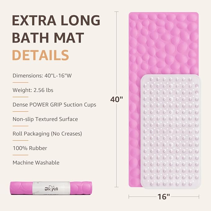 Bligli Bathtub Mat Non Slip, 16x40 inch Extra Long Bath Tub Mat with Strong Suction Cups, Soft Rubber Bathroom Floor Mat, Machine Washable, 100% BPA Free (Pink)