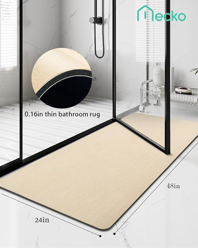 Mecko Bath Mat, Ultra Absorbent Quick Dry Bathroom Floor Mats-Rubber Non-Slip Thin Bathroom Rug Fit Under Door, Faux Suede Surface Shower Rug for Bathtub, Sink, Shower Room(Beige,24"x48")